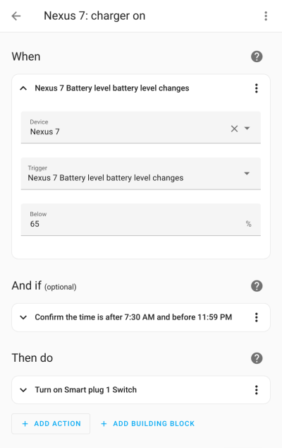 Charging rule: start charging when battery is below 65%